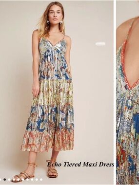 Echo Tiered Maxi Dress in Blue, Green, Coral